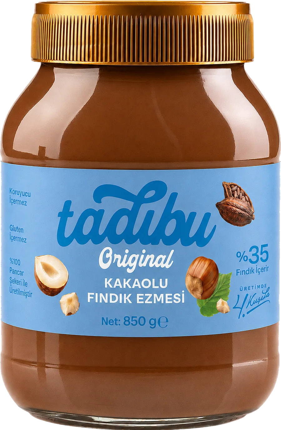 Altın kapaklı 850 g cam kavanozda Tadıbu Original kakaolu fındık ezmesi